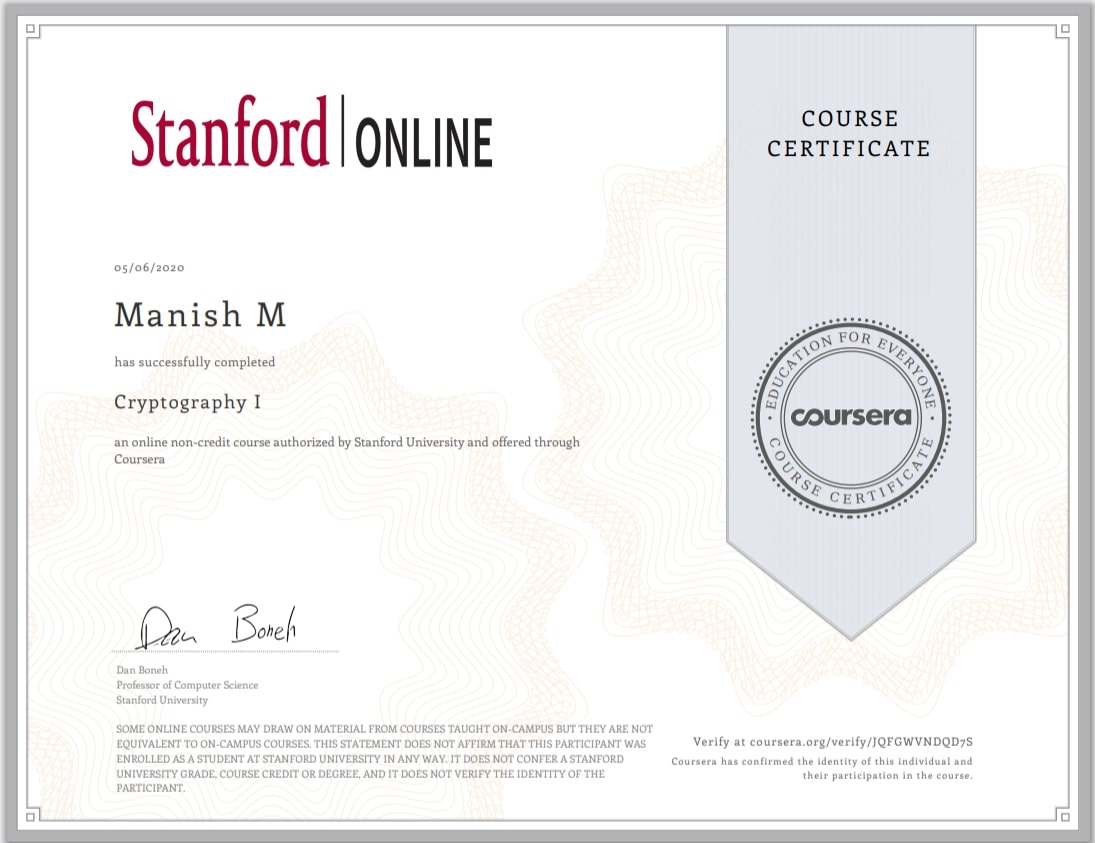 Coursera Cryptography I certificate