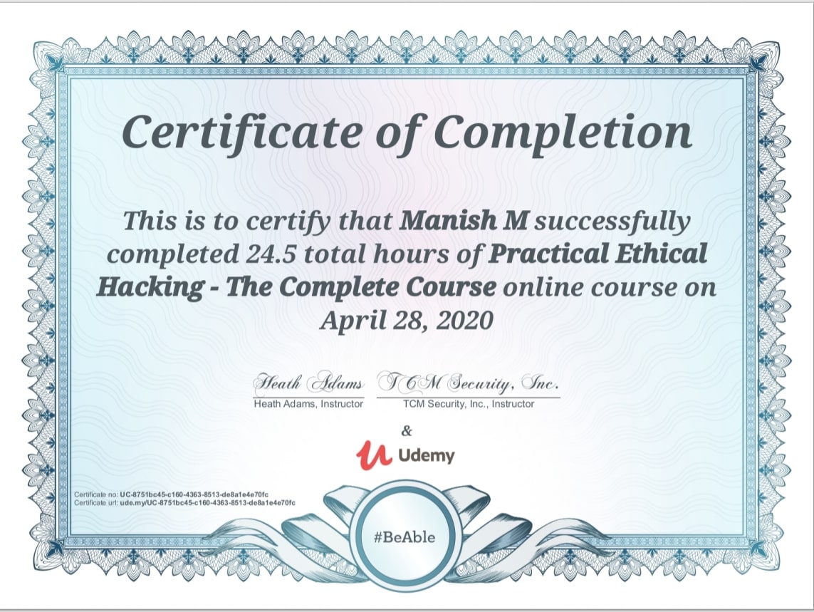 Practical Ethical Hacking certificate