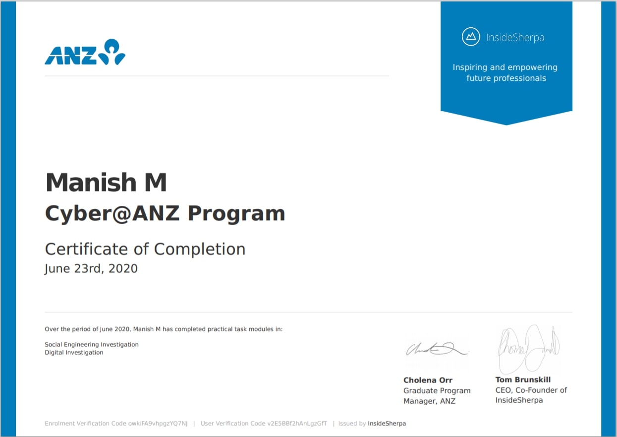 ANZ Virtual Experience certificate