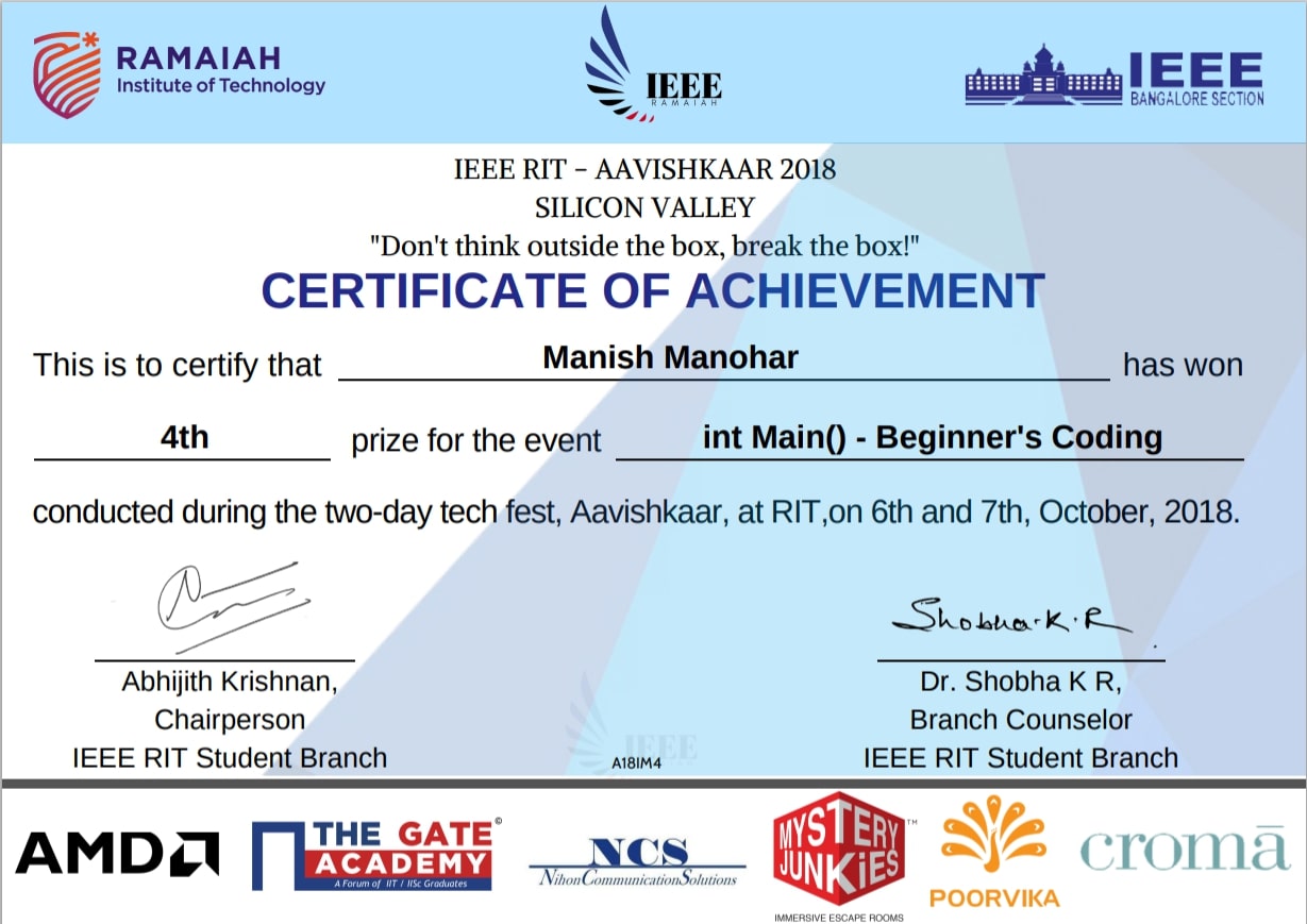 IEEE Aavishkaar certificate