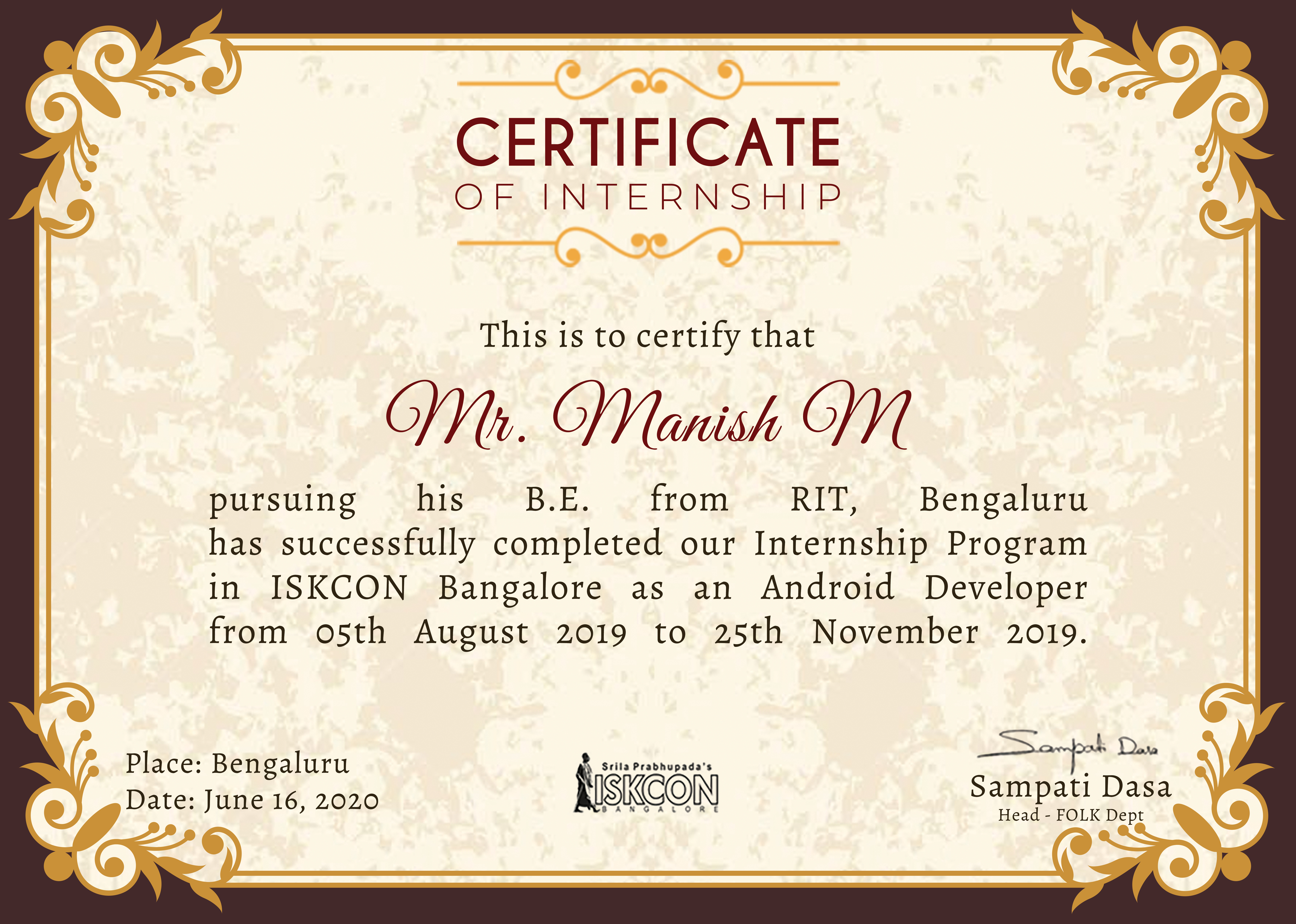 ISKCON internship certificate