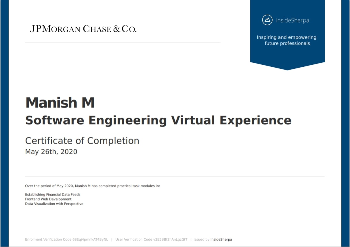 JP Morgan Software Engineering Virtual Experience certificate