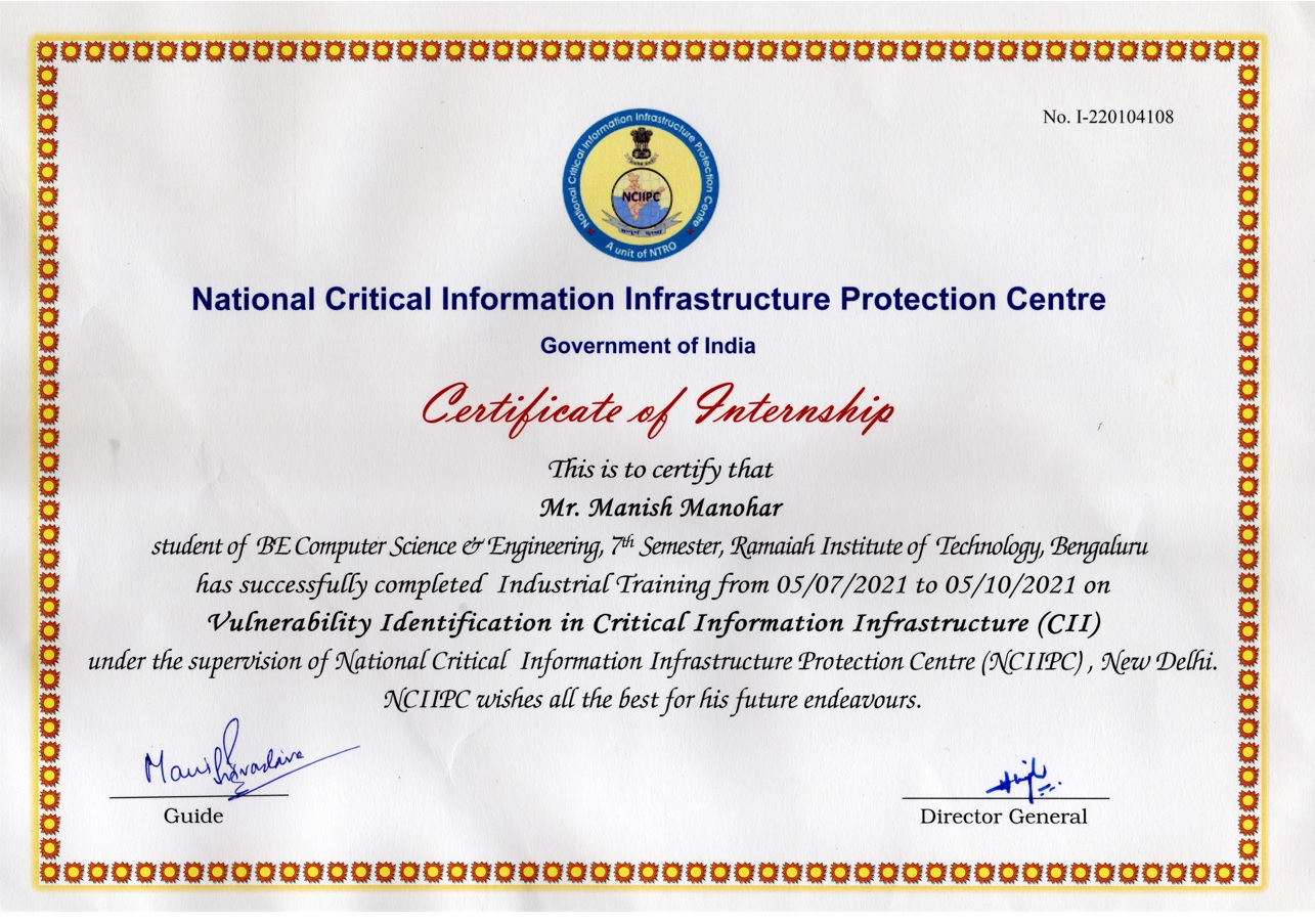 NCIIPC internship certificate